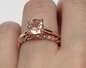 Rose Gold Morganite Engagement Ring 14k Solid Gold, Morganite Solitaire Ring, Morganite Wedding Ring, Morganite Bridal Ring, Wedding Set