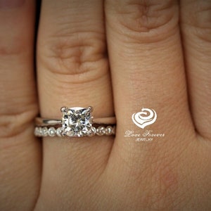 1 CT Cushion Cut Engagement Ring Set 14k White Gold, Cushion Cut Moissanite Bridal Set, Forever One Moissanite Ring,Diamond Wedding Ring Set