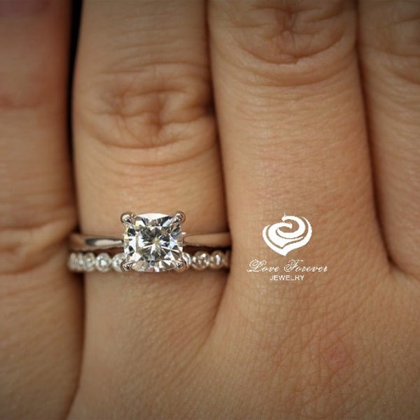 1 CT Cushion Cut Engagement Ring Set 14k White Gold, Cushion Cut Moissanite Bridal Set, Forever One Moissanite Ring,Diamond Wedding Ring Set