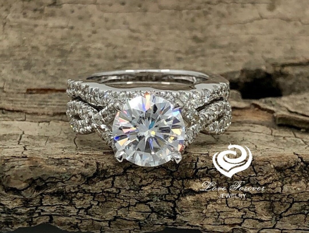 2 CT Round Engagement Ring Set 14k White Gold, Round Cut Moissanite ...