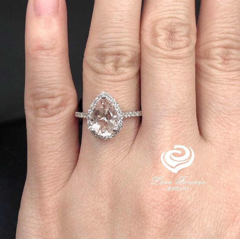Pear Cut Engagement Ring in 14k Rose Gold, Diamond Halo Ring, Morganite ...