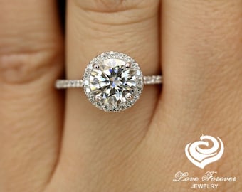 Engagement Ring in 14k White Gold, Diamond Halo Engagement Ring, Forever One D-F Color Moissanite Engagement Ring