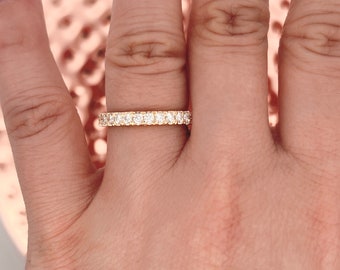 Lab Grown Diamond Wedding Band 14k Yellow Gold, Half Eternity Lab Grown Diamond Milgrain Stackable Wedding Ring, Anniversary Gift for Her