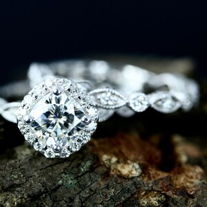 Cushion Bridal Set in 14k White Gold, Cushion Cut Moissanite, Cushion Engagement Ring & Band, Forever One Cushion Cut Moissanite Wedding Set