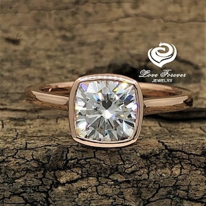 14k Rose Gold Engagement Ring Solitaire Ring Forever One Certified 7mm/1.66 Carats D-F Color Cushion Cut Moissanite Ring Bezel Set Ring