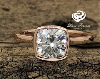 14k Rose Gold Engagement Ring Solitaire Ring Forever One Certified 7mm/1.66 Carats D-F Color Cushion Cut Moissanite Ring Bezel Set Ring