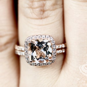 Morganite Bridal Set In 14K Rose Gold, Morganite Cushion Engagement Ring, Morganite Diamond Halo Ring, Vintage Morganite Engagement Ring