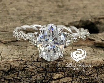 14k White Gold Moissanite Engagement Ring, Forever One Moissanite Engagement Ring, Diamond Twisted Wedding Ring, Oval Cut Ring
