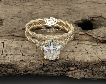 Solid Yellow Gold Oval Cut Wedding Set , Vintage Bridal Set, Flower Ring Set, Oval Engagement Ring, Cable Band Ring, Moissanite Oval Ring