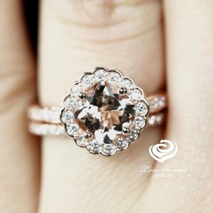 Morganite Cushion Cut Bridal Set In 14K Rose Gold , Morganite Cushion Engagement Ring , Morganite Wedding Set, Diamond Halo Set
