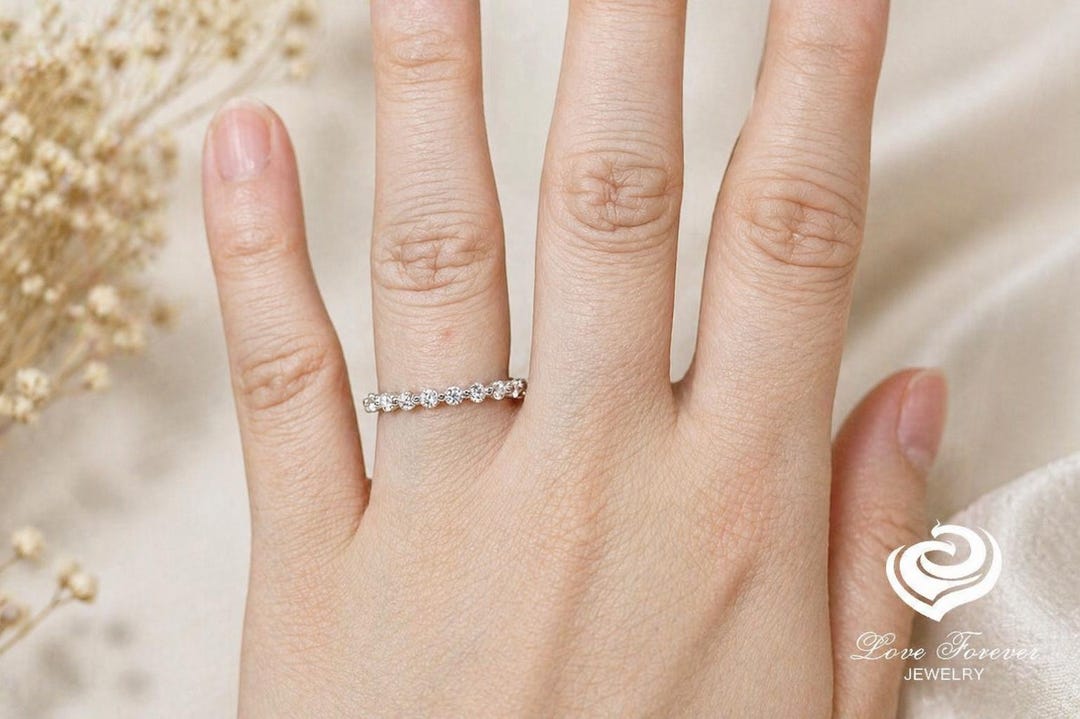 14K White Gold Moissanite Wedding Band / Thin Dainty Half Eternity Ring ...