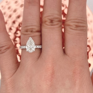 2.75 Carats Pear Cut Lab Grown Diamond Engagement Ring, 14k White Gold Hidden Halo Diamond Wedding Ring, Pear Cut Lab Grown Diamond Ring
