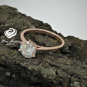 1.25 CT Engagement Ring in 14k Rose Gold, Round Cut Forever One Moissanite, Simulated Diamond Engagement Ring, 6 Prongs Solitaire Ring