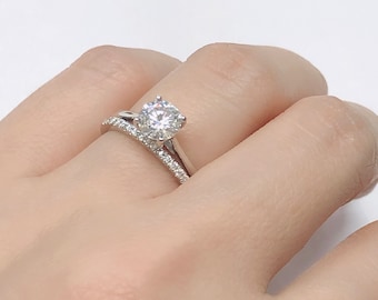 Round Engagement Ring Set In 14k White Gold, Simple Wedding Set, Moissanite Engagement Ring, Forever One Moissanite Ring Set, Diamond Band