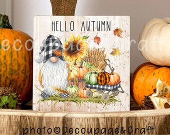 Hello Autumn plaque/sign Handmade, Autumn/Fall tiered tray decor, Home decor Autumn Fall, Thanksgiving, Gnome decor