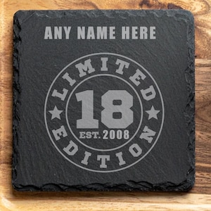 Personalised Slate coaster 18th Birthday, Laser engraved, natural stone, Tableware, custom gift