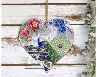 Vintage Peacock with flowers hanging heart plaque 12 cm/15 cm Handmade Decoupaged Vintage Floral pattern