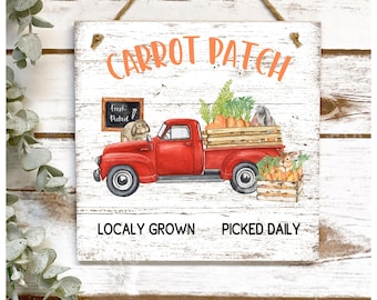 Carrot Patch sign Farmhouse Red Truck Rabbit Bunny Easter Spring Handmade sign 6x6, 8x8 inch