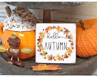 Hello Autumn plaque/sign Handmade Autumn/Fall tiered tray decor/Home decor Autumn Fall Thanksgiving