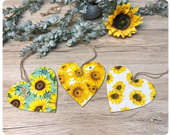 Sunflowers pattern hanging heart plaque 12 cm Handmade Decoupaged Summer Autumn flower decor