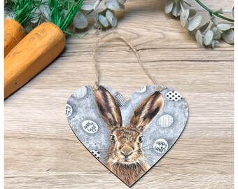 Rabbit/Hare hanging heart plaque 12 cm Handmade Decoupaged Spring Easter Bunny Rabbit