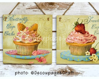 French Patisserie, Handmade hanging plaque/sign Decoupaged picture, Kitchen decor Birthday gift, Bakery shop, Cupcake, Lemon, Strawberry