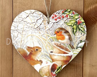 Robin and squirrel in the snow hanging heart plaque 12cm/15cm Handmade Decoupaged Christmas ornament Winter decor