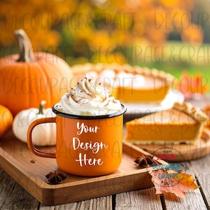 Mockup Autumn orange mug, Enamel mug, Pumpkin Spice Latte whipped cream, Coffee mug mockup, Orange camping mug instant download jpg