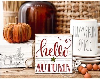 Hello Autumn plaque/sign Handmade Autumn/Fall tiered tray decor/Home decor