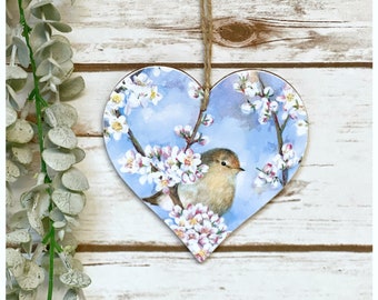 Spring blossoms tree and bird hanging heart plaque 12 cm Handmade Decoupaged/Gift for Mum/Gift for Nan/Mother's day gift/Birthday gift