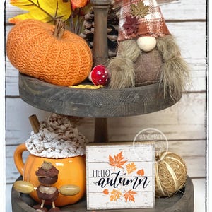 May include: A two-tiered wooden tray with fall-themed decorations. Includes an orange pumpkin, a gnome with a plaid hat, a mug with whipped cream, and a sign that says "Hello Autumn".