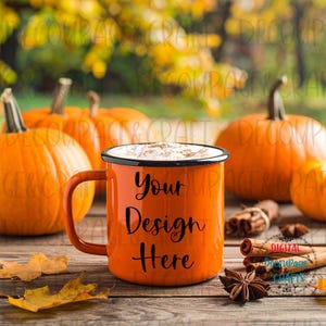 Mockup Autumn orange mug, Enamel mug, Pumpkin Spice Latte mockup, Coffee mug mockup, Orange camping mug instant download jpg, tableware,