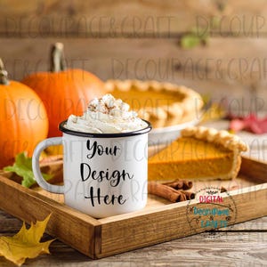 Mockup Autumn white mug, Enamel mug, Pumpkin Spice Latte whipped cream, Coffee mug mockup, Orange camping mug instant download jpg