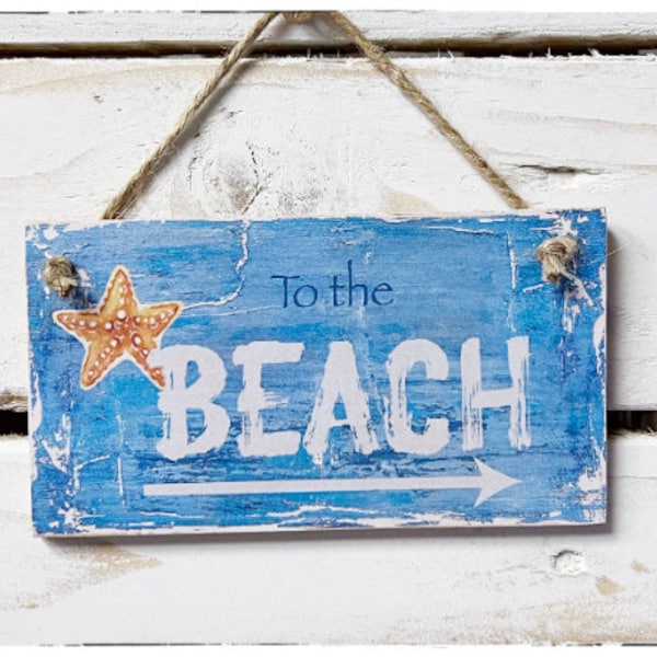 Wall hanging handmade decoupage Summer "To the Beach" Seaside Coastal Blue Shabby chic decor