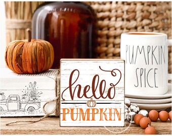 Hello Autumn, Hello Pumpkin plaque/sign, Handmade Autumn sign, tiered tray decor/Home decor Fall