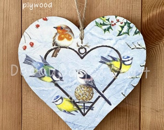 Winter birds and Heart shaped feeder hanging heart plaque 15cm Handmade Decoupaged Christmas ornament Winter decor