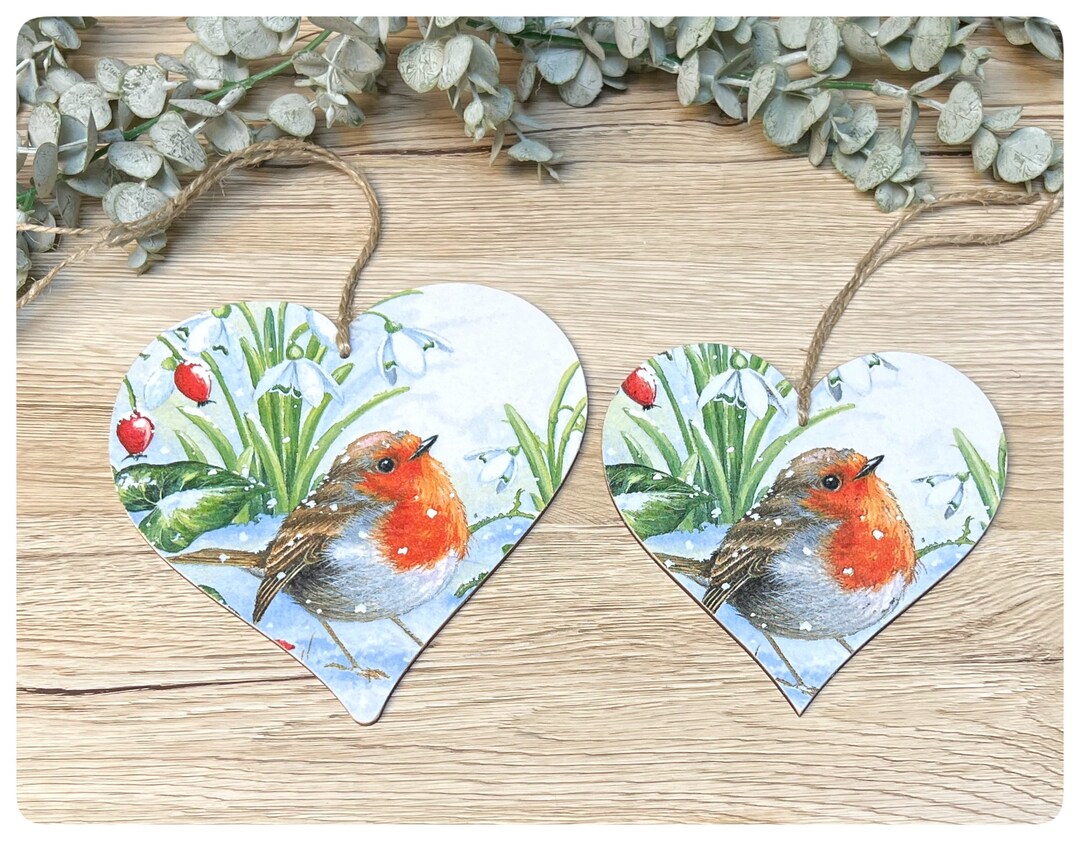 Robin Decoupaged Robin in the Snow Hanging Heart Plaque 12 Cm Handmade Decoupaged Winter ...
