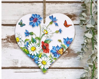 Wildflowers hanging heart plaque 15 cm Handmade Decoupaged/Poppy/Daisy/Cornflower/Gift for Nan/Mother's day Gift