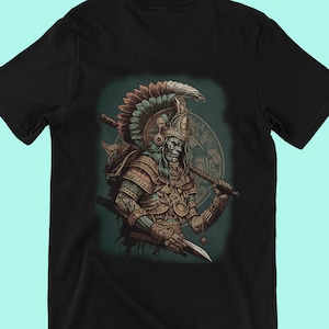 Camiseta del guerrero de Kukulkan Conquistando al conquistador, arte inspirado azteca, maya, mexicano y centroamericano, Montezuma Tecun Olmec Toltec