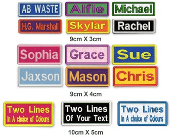Personalised Embroidered Name Patch Badge (Rectangular) Three Sizes 12 Colours options Iron on or Sew on
