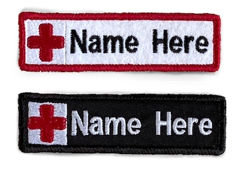 Embroidered Red Cross Patch with Name  (Rectangular) Personalised Badge  Iron on 10cm by 3cm Black