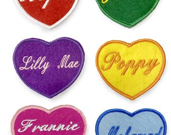 Personalised Embroidered Name Patch Heart Badge Iron on 8.5cm by 7.5cm wide colour choice