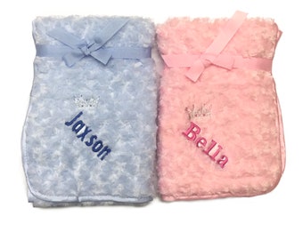 Personalised Fluffy Rosebud Baby Blanket Fluffy Rosebud  Embroidered with Crown and baby Name