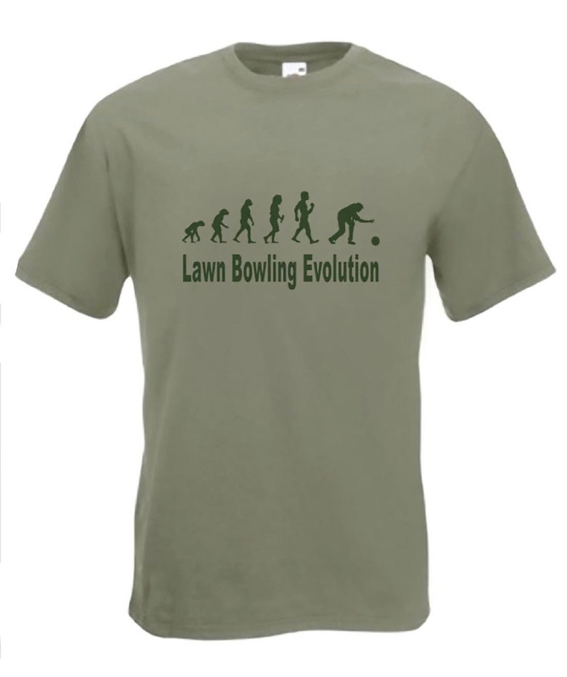 May include: A green t-shirt with a graphic of the evolution of humans ending with a person bowling. The text "Lawn Bowling Evolution" is printed below the graphic.