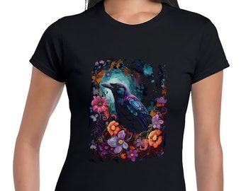 Crow T-Shirt Raven artwork vivid floral T-shirt Short-Sleeve Unisex Tee Lady Fit