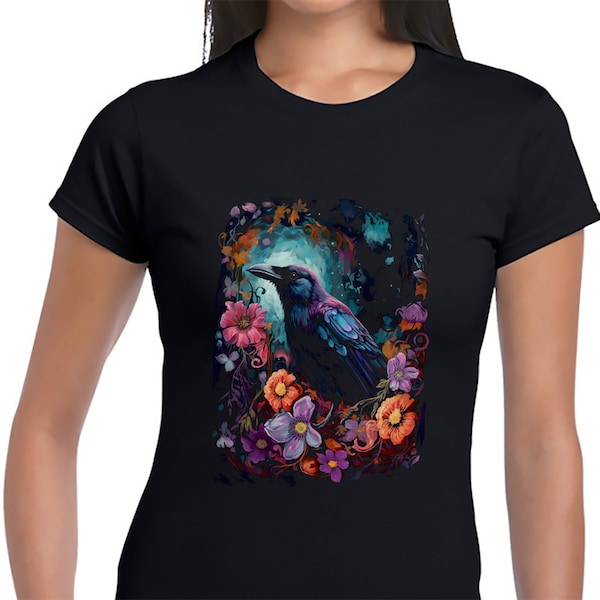 Crow T-Shirt Raven artwork vivid floral T-shirt Short-Sleeve Unisex Tee Lady Fit