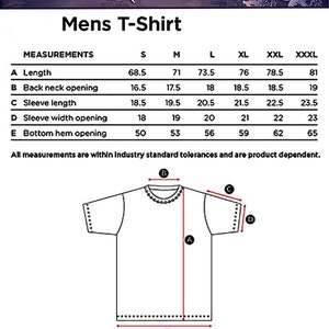 Pode incluir: Tabela de tamanhos para uma camiseta com medidas em polegadas para o comprimento, a abertura do pesco&ccedil;o, o comprimento da manga, a abertura da largura da manga e a abertura da bainha inferior. Os tamanhos incluem S, M, L, XL, XXL e XXXL.
