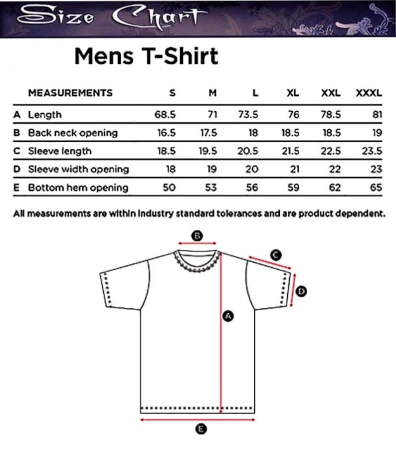 Pode incluir: Tabela de tamanhos para uma camiseta com medidas em polegadas para o comprimento, a abertura do pesco&ccedil;o, o comprimento da manga, a abertura da largura da manga e a abertura da bainha inferior. Os tamanhos incluem S, M, L, XL, XXL e XXXL.