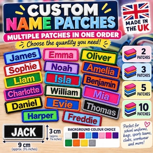 May include: Rectangular custom name patches in various colours with embroidered text. Each patch measures 9 cm by 3 cm, or approximately 3.5 inches by 1.25 inches. The image displays multiple examples with names like James, Emma, and Oliver, alongside text indicating quantity options and background colour choices.