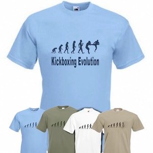 May include: Four t-shirts with a graphic of the evolution of kickboxing. The shirts are light blue, green, white, and beige.